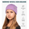 image:image100 Merino Wool Beanie Kids  Unisex Wool Cap 175um for Kids Toddler Hat  Soft NonItchy Breathable 175um Running Hat UV Protection OdorResistant MoistureWicking All Season 250 gsm Skull CapHeather Lilac