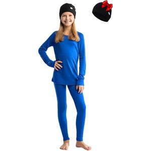 image:image100 Merino Wool Base Layer Kids Set  Midweight Unisex Thermal Underwear  Soft NonItchy Kids  Toddler Clothes Set 250 gsm 175um Long Sleeve amp Pants amp Beanie Moisture wicking OdorResistantCobalt Blue