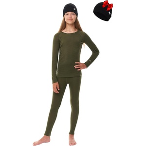 image:image100 Merino Wool Base Layer Kids Set  Midweight Unisex Thermal Underwear  Soft NonItchy Kids  Toddler Clothes Set 250 gsm 175um Long Sleeve amp Pants amp Beanie Moisture wicking OdorResistantDark Olive