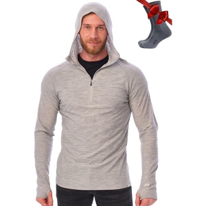 image:image100 Merino Wool Hoodie Men  Slim Fit Quarter Zip Thermal Base Layer Top  Lightweight Hoodie Breathable Naturally OdorResistant MoistureWicking Sweatshirt Ideal for Hiking Travel Camping190 Heather Grey