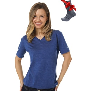 image:image100 Merino Wool TShirt Women  Short Sleeve Tee with Hiking Socks  Lightweight Breathable Merino Wool Active Base Layer Naturally OdorResistant MoistureWicking Ideal for Hiking TravelWindsor Blue V