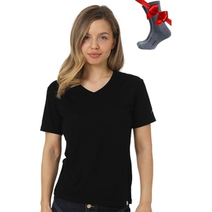 image:image100 Merino Wool TShirt Women  Short Sleeve Tee with Hiking Socks  Lightweight Breathable Merino Wool Active Base Layer Naturally OdorResistant MoistureWicking Ideal for Hiking TravelBlack V