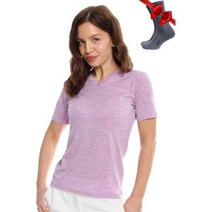 image:image100 Merino Wool TShirt Women  Short Sleeve Tee with Hiking Socks  Lightweight Breathable Merino Wool Active Base Layer Naturally OdorResistant MoistureWicking Ideal for Hiking TravelLilac Heather V