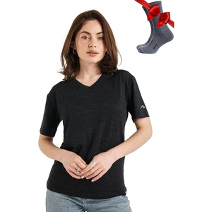 image:image100 Merino Wool TShirt Women  Short Sleeve Tee with Hiking Socks  Lightweight Breathable Merino Wool Active Base Layer Naturally OdorResistant MoistureWicking Ideal for Hiking TravelHeather Black V