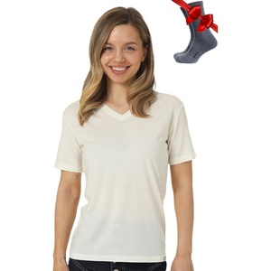 image:image100 Merino Wool TShirt Women  Short Sleeve Tee with Hiking Socks  Lightweight Breathable Merino Wool Active Base Layer Naturally OdorResistant MoistureWicking Ideal for Hiking TravelCreamy White V