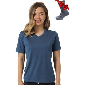 image:image100 Merino Wool TShirt Women  Short Sleeve Tee with Hiking Socks  Lightweight Breathable Merino Wool Active Base Layer Naturally OdorResistant MoistureWicking Ideal for Hiking TravelDenim Blue V