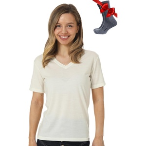 image:image100 Merino Wool TShirt Women  Short Sleeve Tee with Hiking Socks  Lightweight Breathable Merino Wool Active Base Layer Naturally OdorResistant MoistureWicking Ideal for Hiking TravelCreamy V