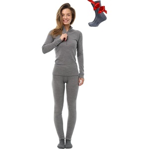 image:image100 Merino Wool Base Layer Women Set  Thermal Underwear Women Top Bottom  Lightweight Midweight Heavyweight Base Layer MoistureWicking Breathable Active Underwear Hiking Skiing Camping250 Heather Grey Zipup